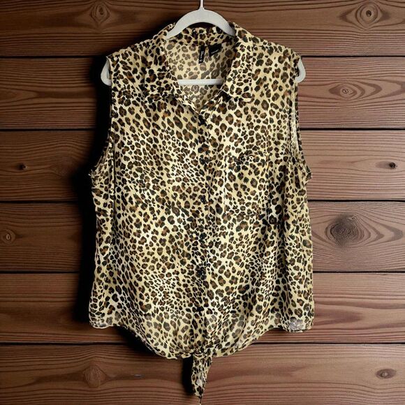 New Directions Leopard Sleeveless Blouse 2X Fall Ready Layerable Front Tie Chic - Picture 1 of 7
